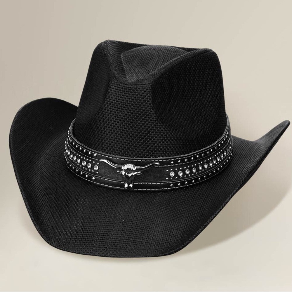 Metal Steer Head Emblem Studded Leather Band Western Straw Cowboy Fedora Hat